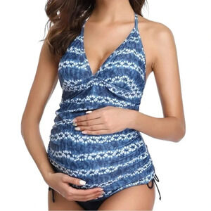 Halter Neck Maternity Tankini Tie-dye Striped Ruched Women’s Swim Top XL Blue